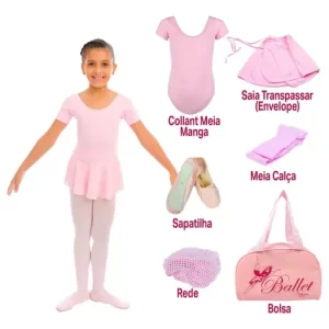 Kit Completo Infantil Ballet Meia Manga Balé 6peças C/bolsa
