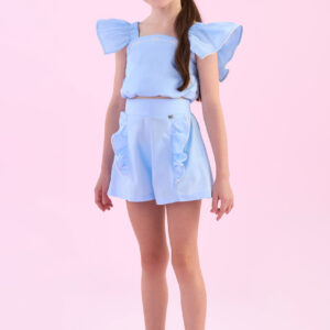 CONJUNTO BLUSA E SHORT DE ALFAIATATIA COM BABADOS - Petit Cherie