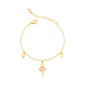 Pulseira Infantil Bailarina Resina Colorida c/ Corações Lisos Folheada a Ouro 18k