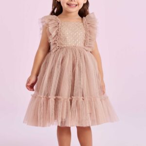 VESTIDO DE TULE BEGE COM PAETÊ - Petit Cherie